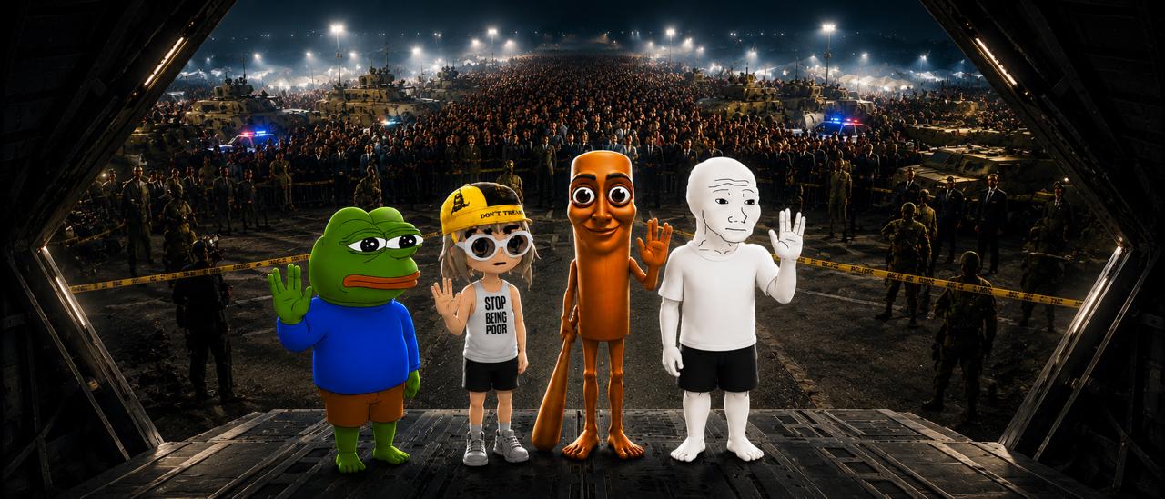 The same four meme characters on an aircraft ramp at night, saluting a floodlit crowd and vehicles