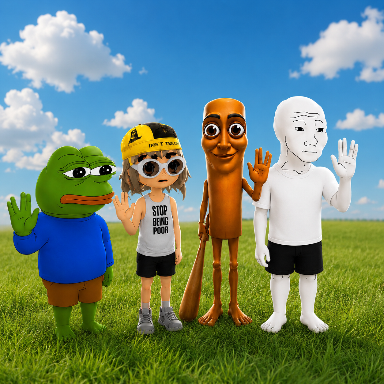 Pepe, ambassador, orange mascot, and Wojak in a green field under blue sky, all giving the Vulcan salute